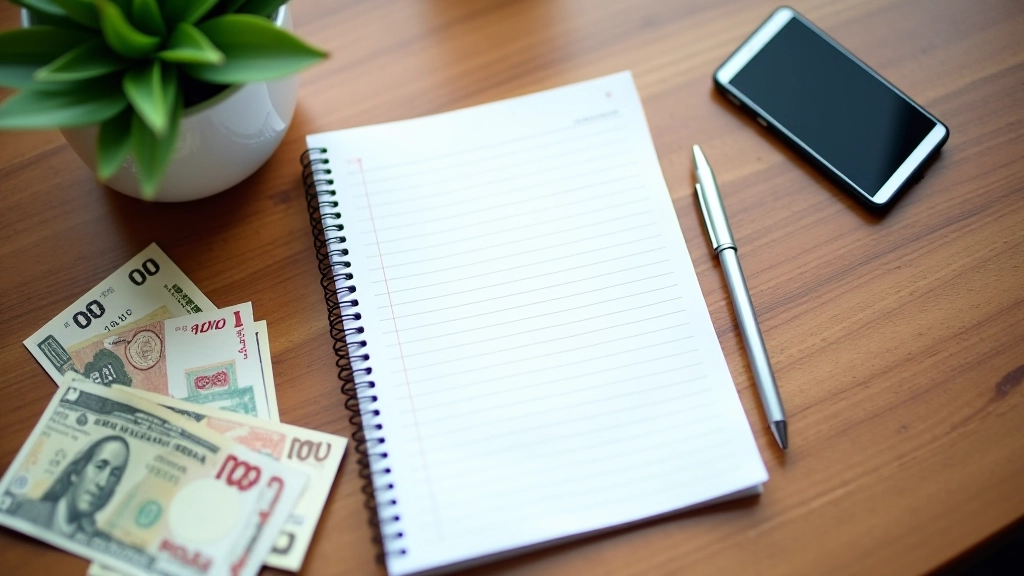 Notebook with expense tracking written in pen next to calculator and HK currency notes on desk