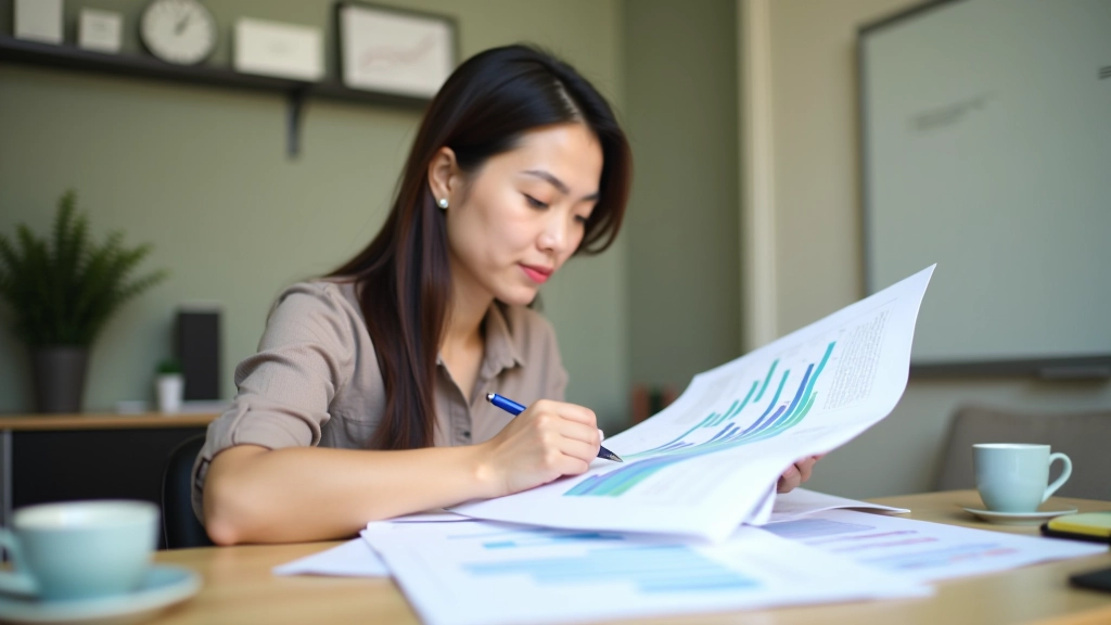 Person reviewing financial documents and charts at home office desk with coffee and notebook